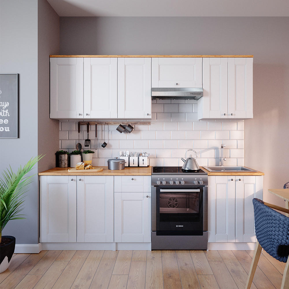 KÜCHENZEILE Bergamo Weiß 240 cm, AP Goldkraft - Honigeiche/Weiß, Holzwerkstoff (240/81.6/60cm) - Vicco