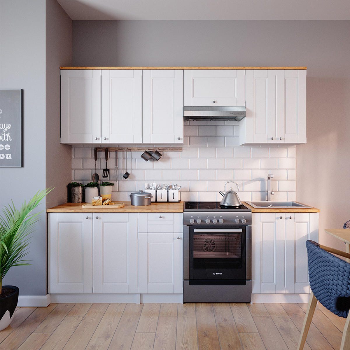 KÜCHENZEILE Bergamo Weiß 240 cm, AP Goldkraft - Honigeiche/Weiß, Holzwerkstoff (240/81.6/60cm) - Vicco