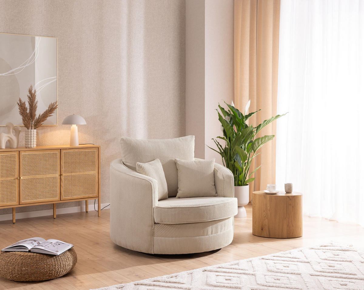 DREHSESSEL Ted aus Beige Cord-Stoff - Beige/Schwarz, Holz/Textil (107/94/100cm) - S-Style Möbel