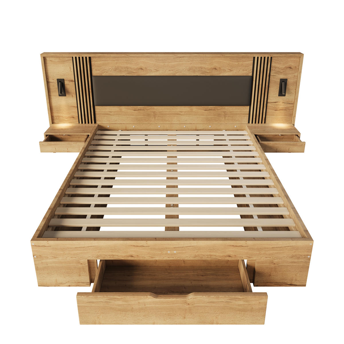 DOPPELBETT Natur 180x200 Stauraum Schubladen Nachttische - Naturfarben, Holzwerkstoff (180/200cm) - FLIEKS