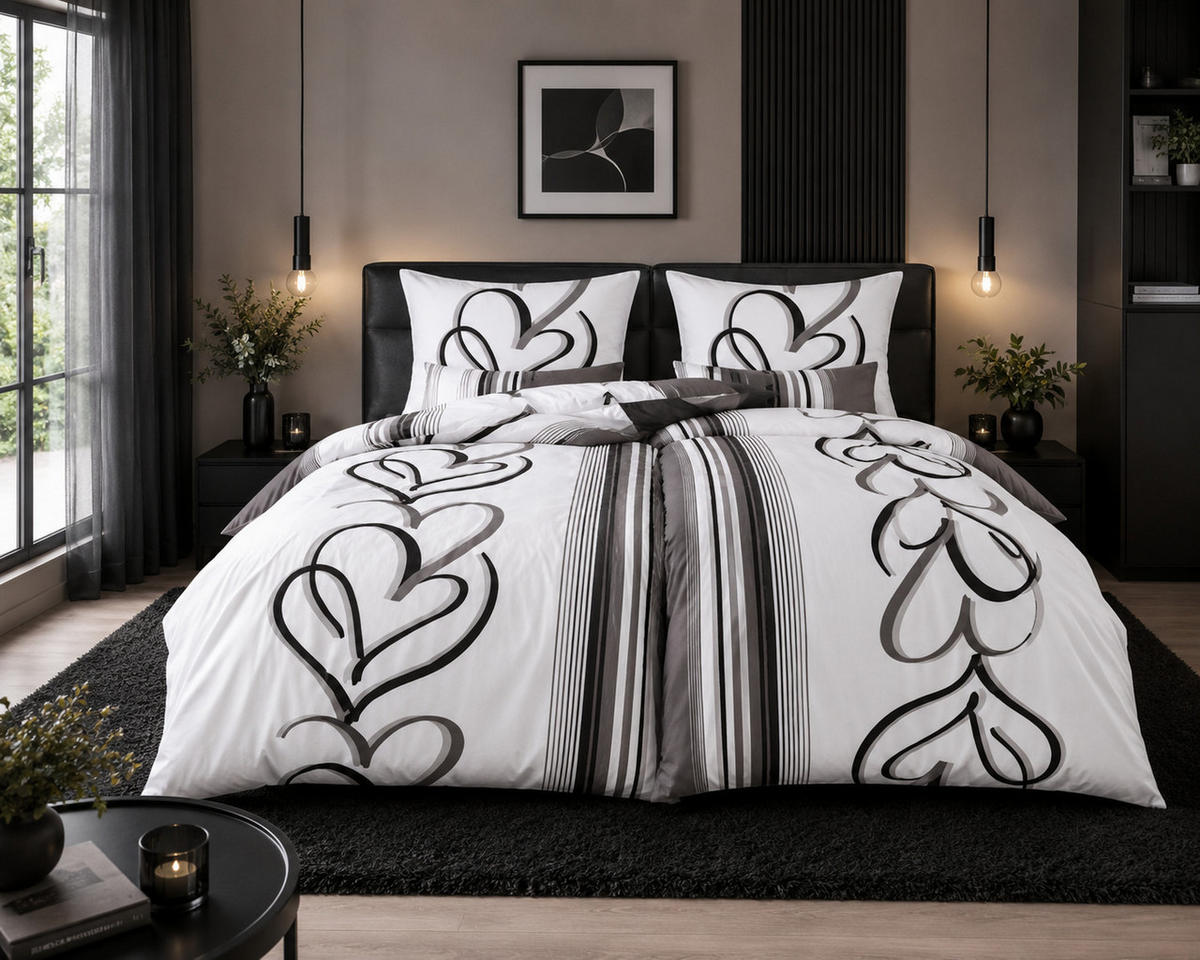 BETTWÄSCHE Herzen Weiß/Grau 155x220 cm Extra Lang 2-teilig - Multicolor, Naturmaterialien (155/220cm) - Nesbel – Beauty & Ambiente