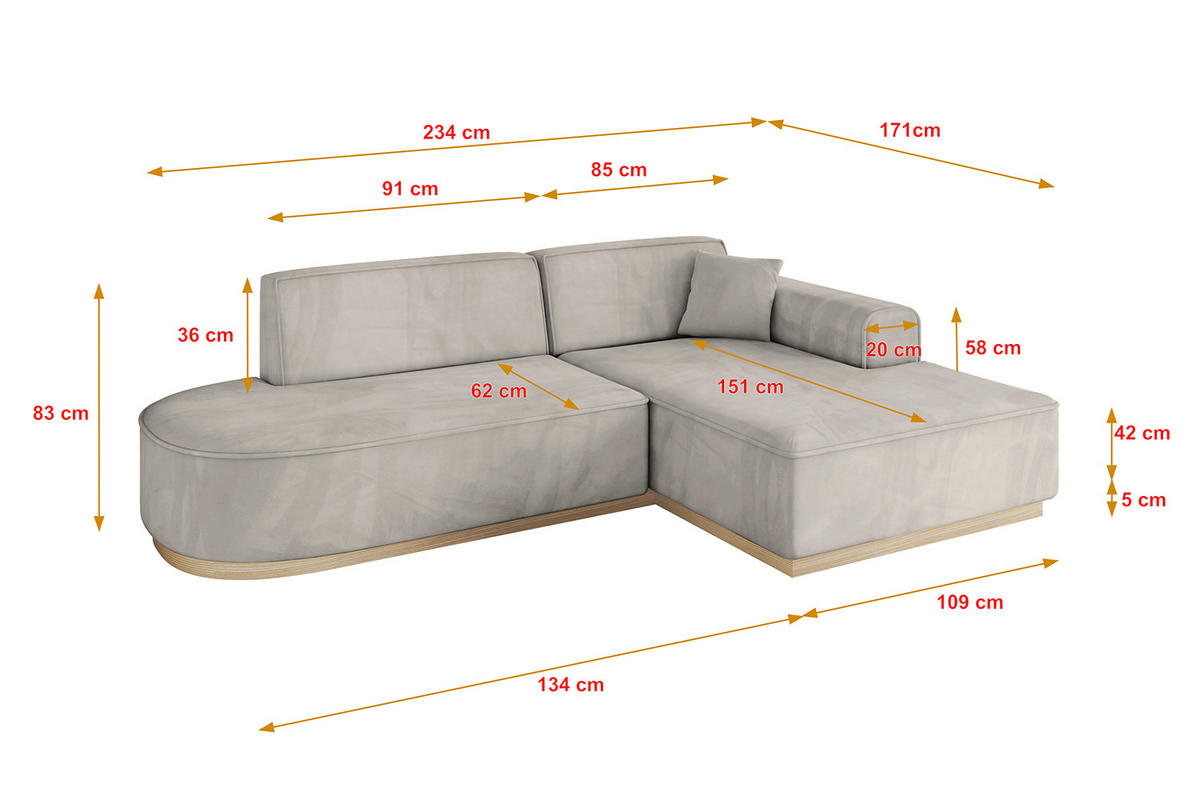 ECKSOFA Ottomane Rechts IREA-L1 - 234x171x83 cm Hellbraun - Hellbraun, Holzwerkstoff/Textil (171/234cm) - ALTDECOR
