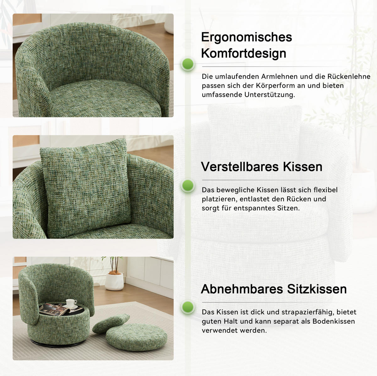 DREHSESSEL Chenille mit verstecktem Stauraum 72/66.5/76 cm Grün - Grün, Textil (66.5/76/72cm) - Redom
