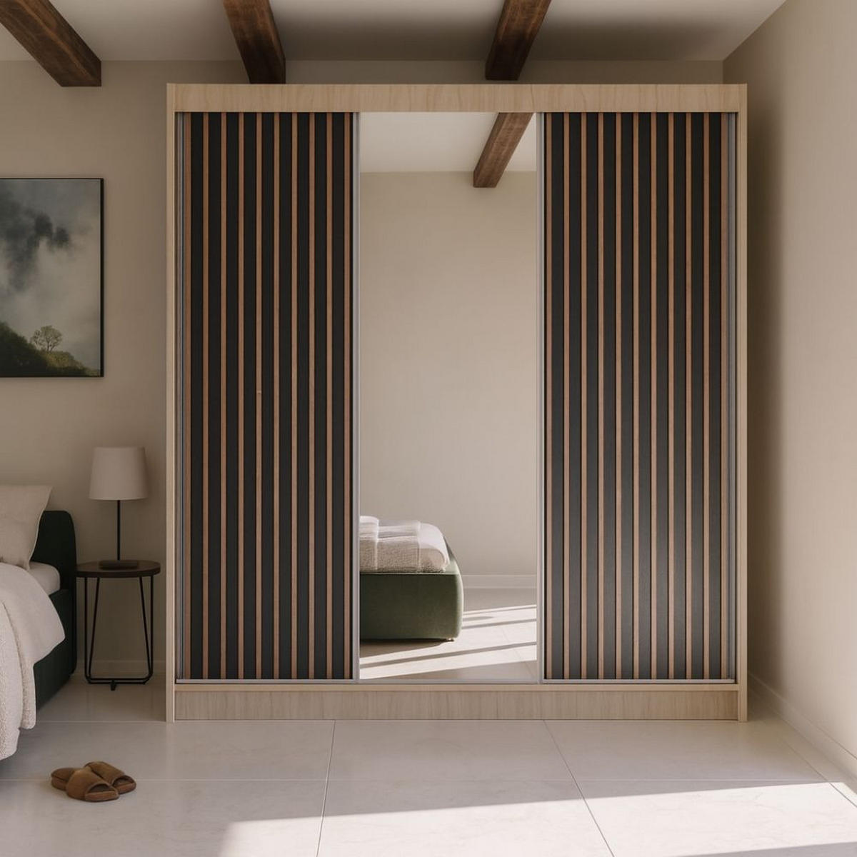 SCHWEBETÜRENSCHRANK Lami mit Spiegel und Lamellen, 215x200x61cm, eiche Sonoma+Schwarz - Schwarz/Sonoma Eiche, Holzwerkstoff (200/215/61cm) - AN Furniture Store