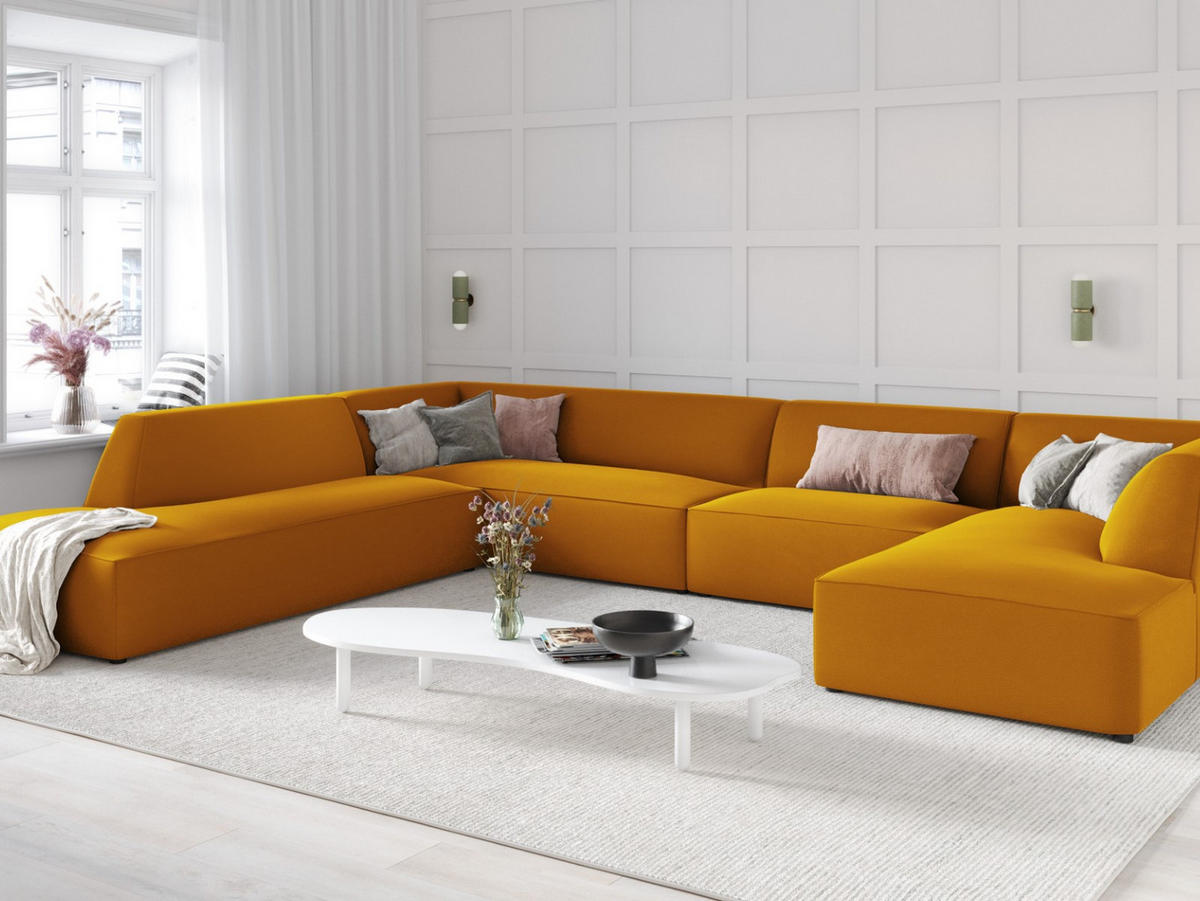 PANORAMASOFA links Ruby aus Samt gelb 7 Sitzplätze - Gelb, Textil (273/69/366cm) - Micadoni
