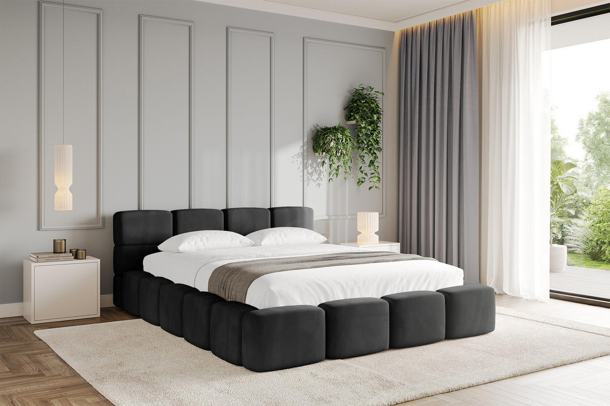 POLSTERBETT mit Bettkasten und Lattenrost, Bett mit Matratze H3/H4, Kopfteil, Boxbett, Doppelbett mit Stauraum - NATA-v1 200x200 Schwarz - Schwarz Hochglanz, Holzwerkstoff/Textil (200/200cm) - ALTDECOR