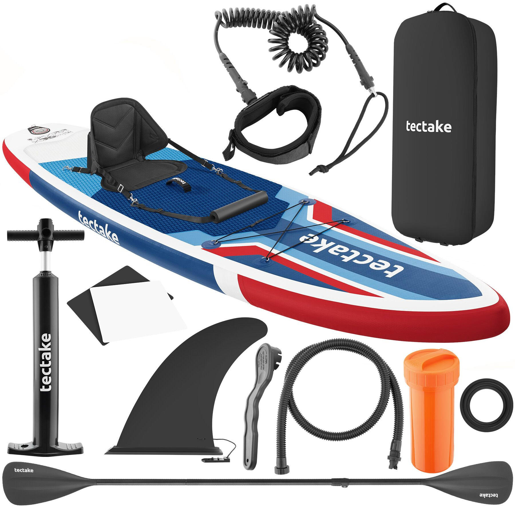 STAND UP PADDLE BOARD Poseidon, Belastbarkeit 200 kg, inklusive Kajak-Sitz, rot/blau - Rot, Kunststoff (320/84/0.4cm) - tectake