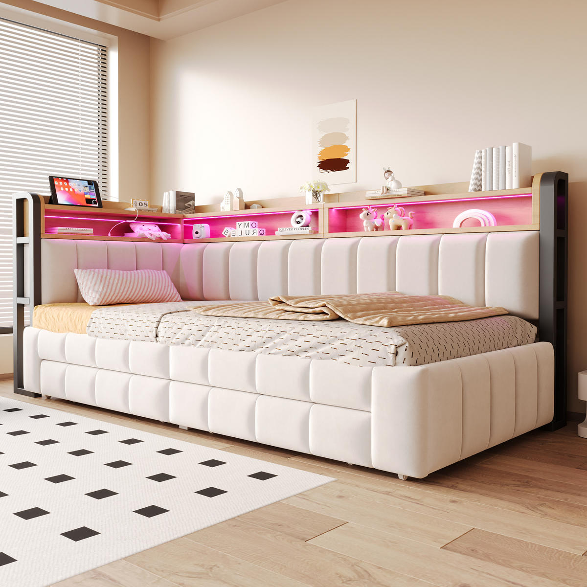 AUSZIEHBETT 90/180/200 cm DE-32703 mit Stauraum und LED Beige - Beige, Metall (90/200cm) - ComfortXL