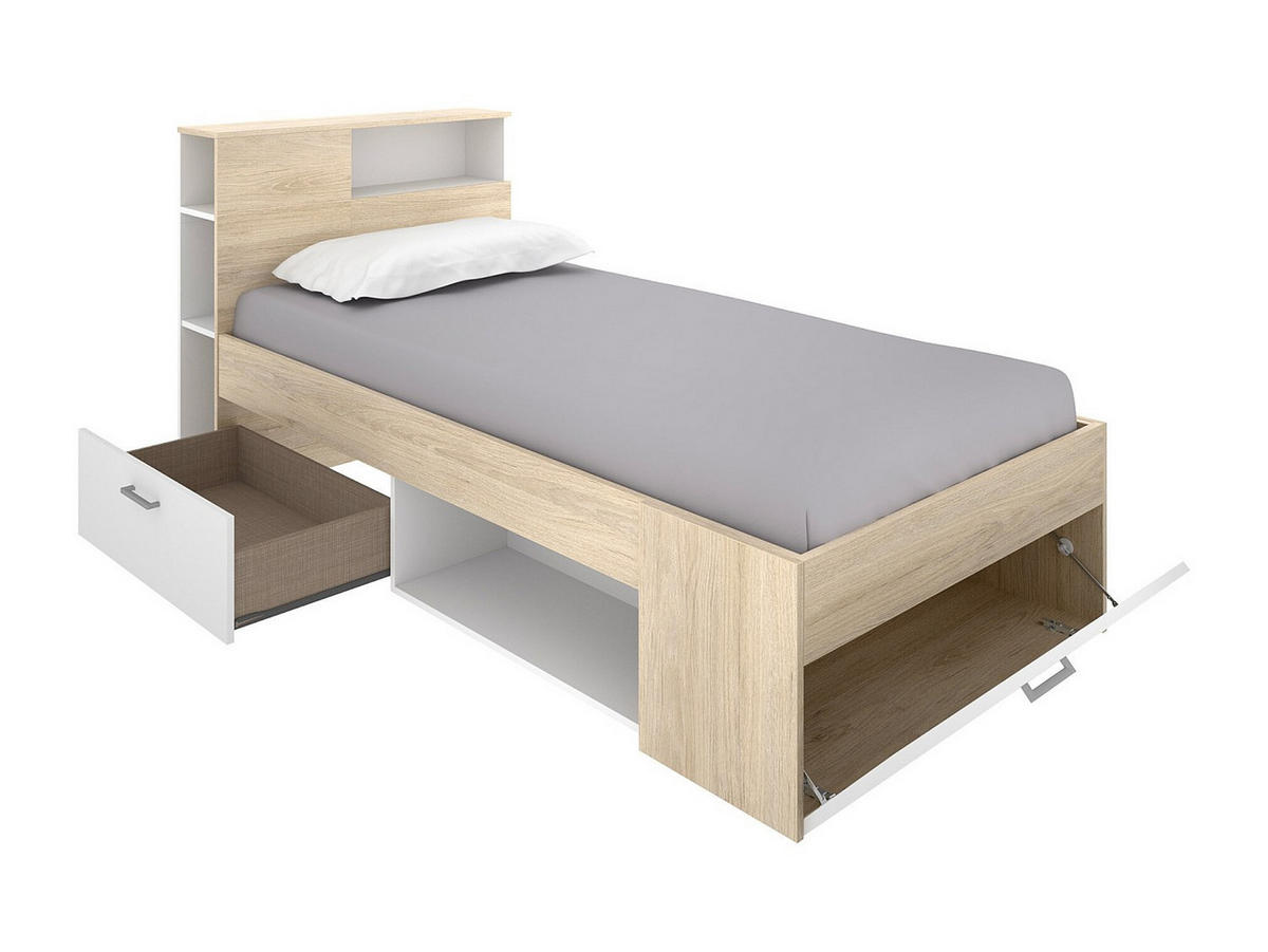 BETT mit Kopfteil, Stauraum & Schublade + Matratze + Lattenrost - 90 x 190 cm - Weiß & Naturfarben - LEANDRE - Naturfarben, Holz (99.5/218.5cm) - Vente-Unique