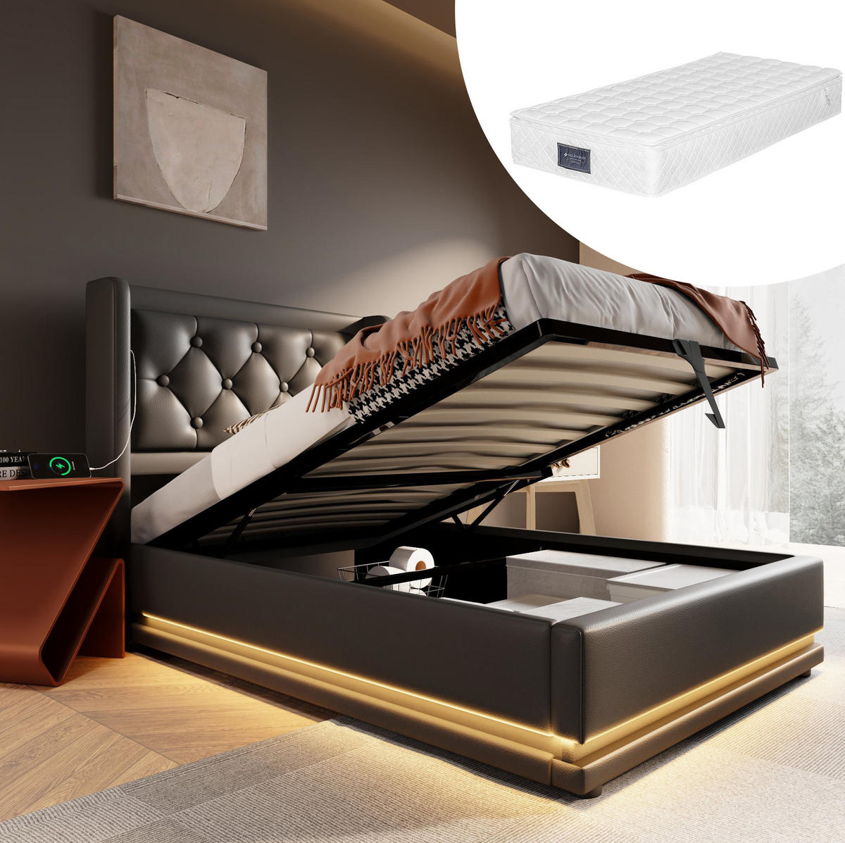 POLSTERBETT 90/200 cm Schwarz mit Bettkasten, LED-Beleuchtung und USB-/Type-C - Schwarz, Kunststoff (90/200cm) - Flora Grace
