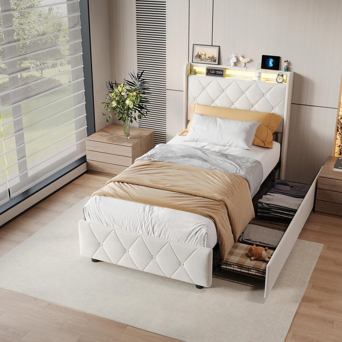 POLSTERBETT 90x200 cm, Zwei Schubladen mit Rollen, RGB LED, USB-/Typ-C-Anschlüsse, Samtstoff, Beige - Beige, Holz (90/200cm) - BRILVERDE