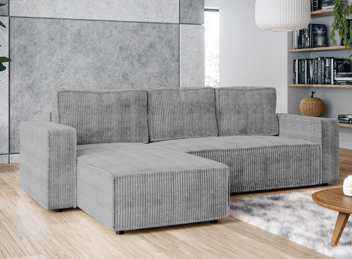 ECKSOFA L Form Aydin Hellgrau 258/169/85 cm Cord Universal mit Schlaffunktion - Hellgrau/Schwarz, Kunststoff/Textil (258/169cm) - AX Living