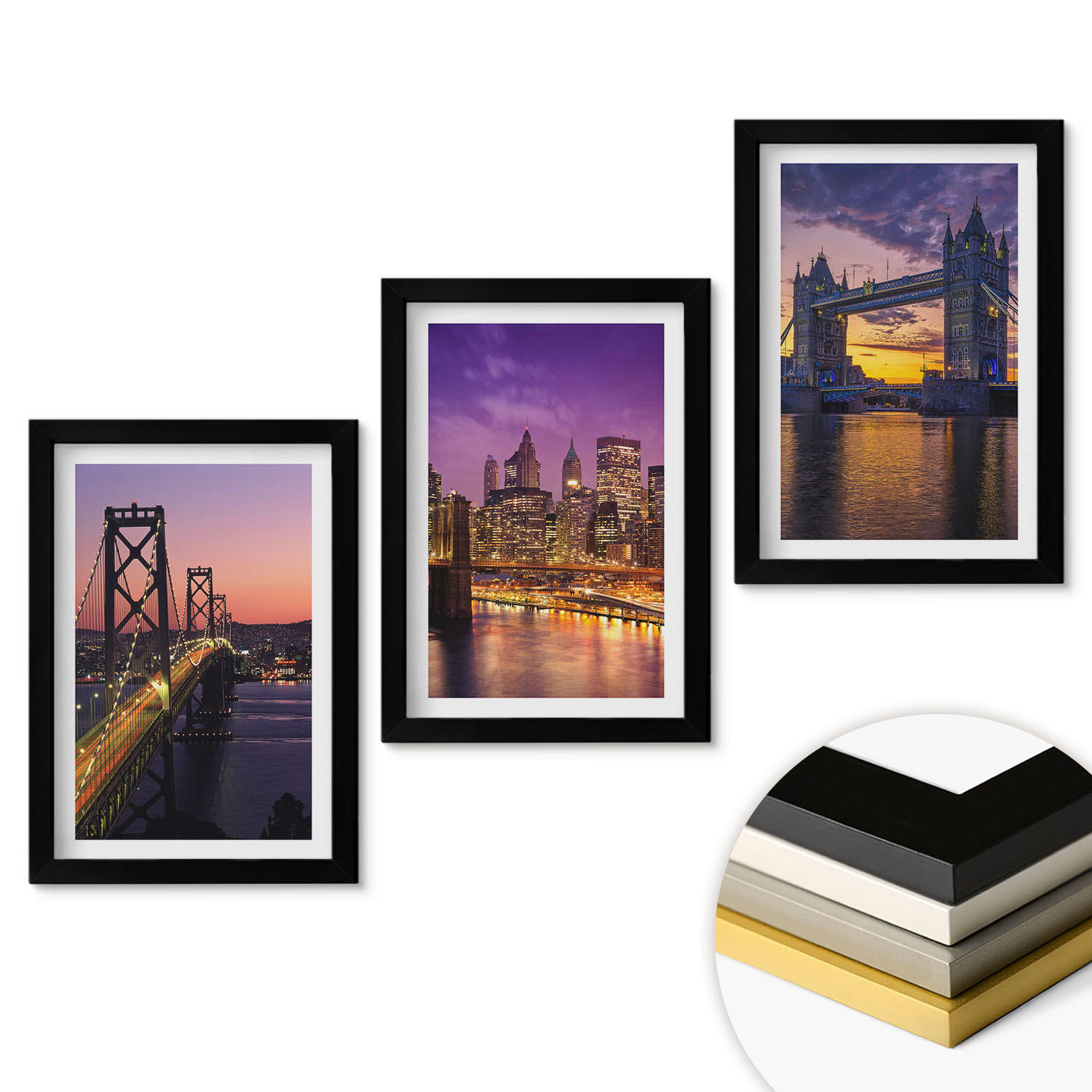 WANDBILDER 3er-Set - 20x30 cm Schwarzer Rahmen - Brücken, Sonne, Stadtblick - Schwarz, Kunststoff (20/30cm) - ArtPrintCave