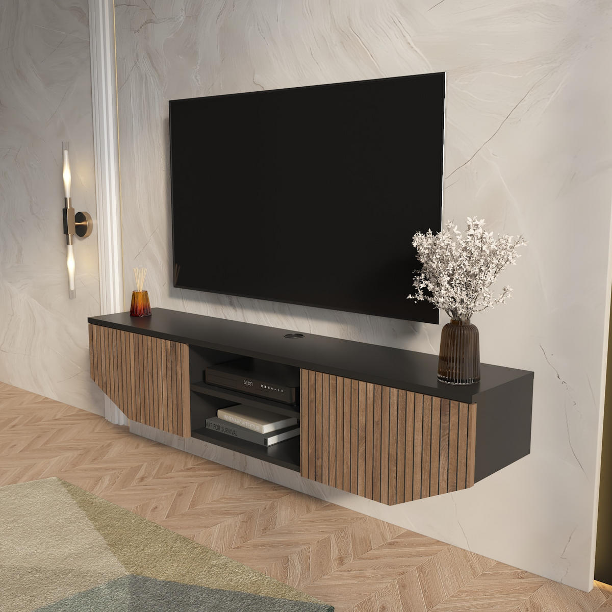 HÄNGENDE TV Einheit Hera Schwarz Alina - Schwarz, Holzwerkstoff (30/12.5/150cm) - Decorotika