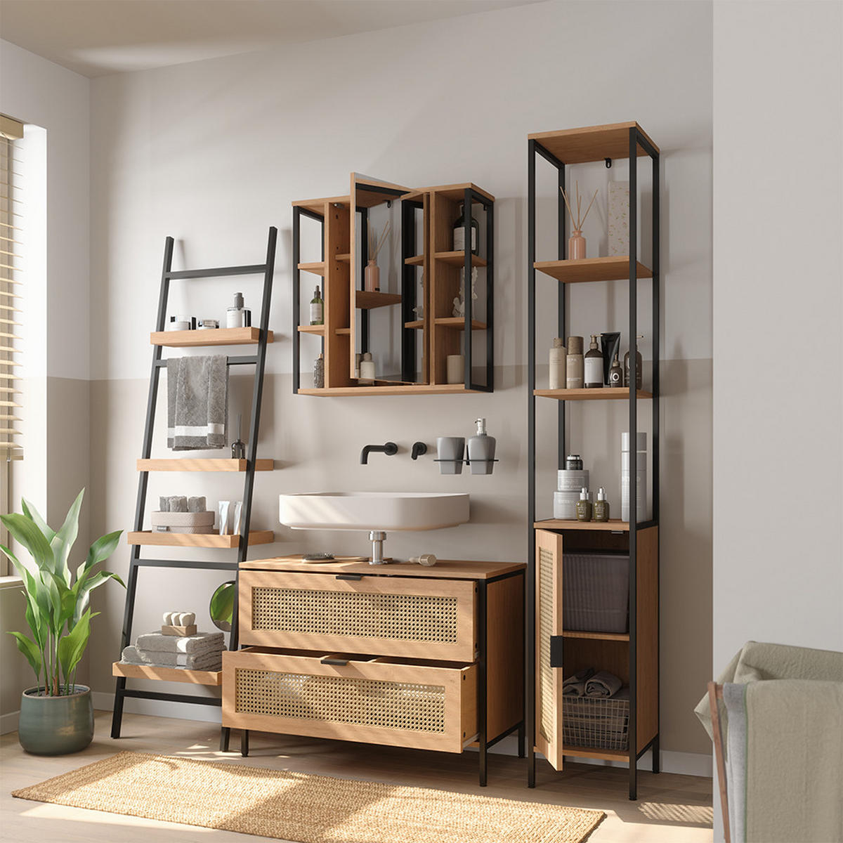 BADMÖBEL-SET Linara, Eiche, 3er Set - Eichefarben, Holzwerkstoff (80/59/35cm) - Vicco