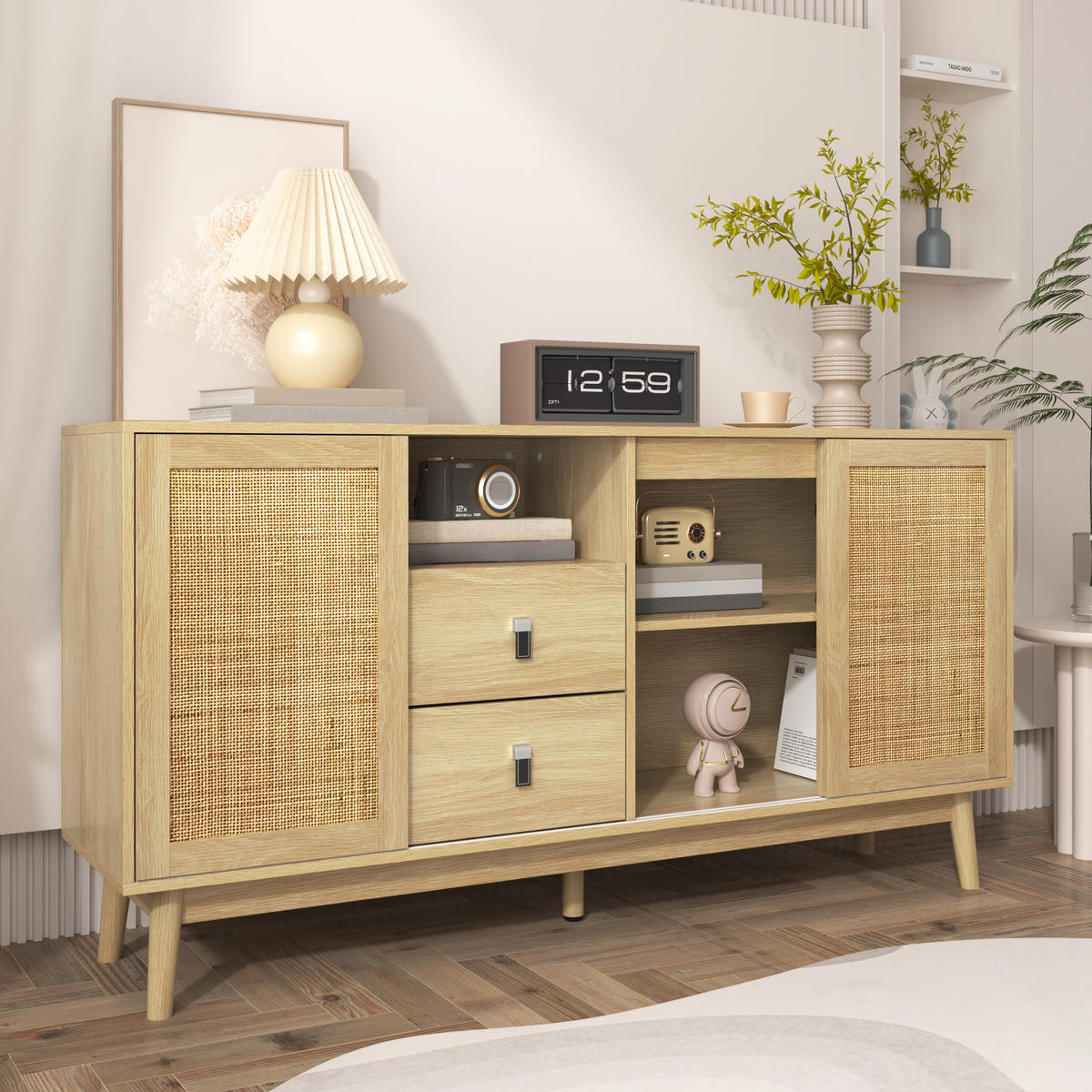SIDEBOARD aus MDF/Spanplatte mit Rattan-Schiebetüren und 2 Schubladen, 155/38/80 cm，Naturfarben - Naturfarben, Holzwerkstoff (38/80/155cm) - Redom