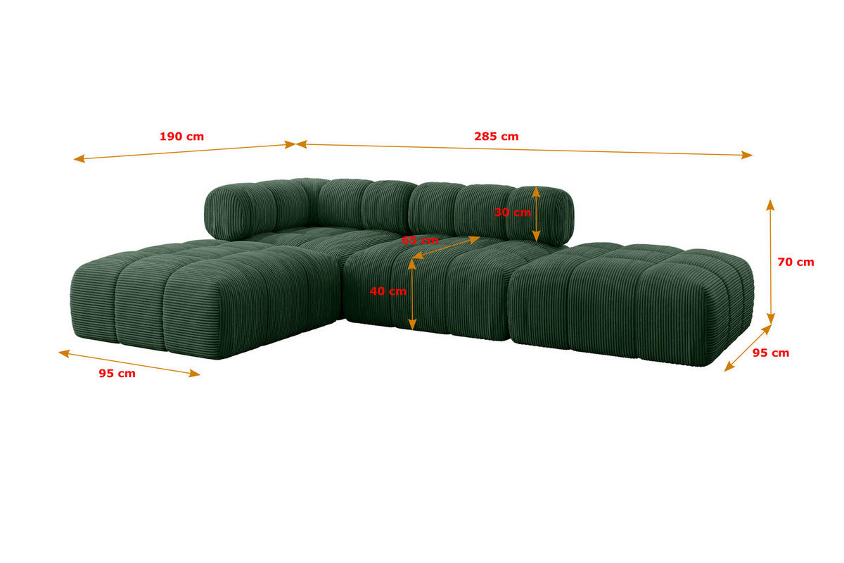ECKSOFA modulares Sofa Kerru-L1 - 285x190x70 cm Grün Cord - Grün, Holzwerkstoff/Textil (285/190cm) - ALTDECOR