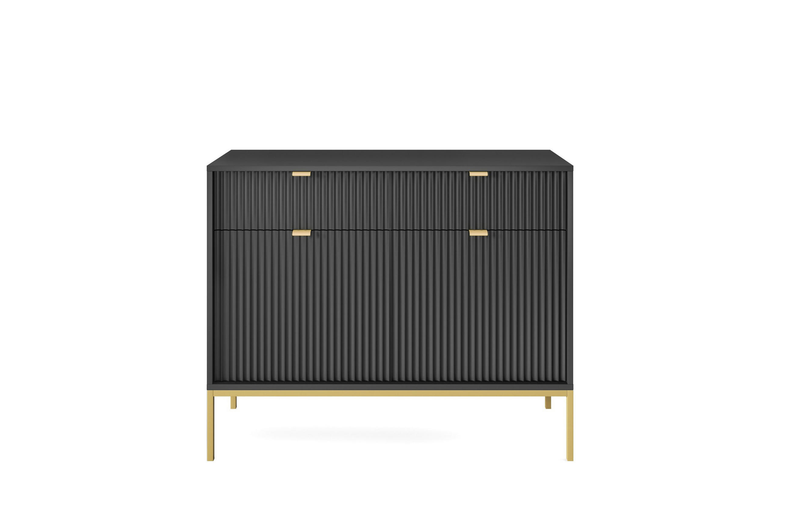 KOMMODE NOVA, Geriffelte Front, 2-Türen, 2-Schubladen 104x39x83 cm, Schwarz - Goldfarben/Schwarz, Holzwerkstoff/Kunststoff (104/83/39cm) - DomoHome