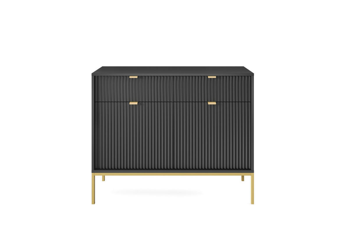 KOMMODE NOVA, Geriffelte Front, 2-Türen, 2-Schubladen 104x39x83 cm, Schwarz - Goldfarben/Schwarz, Holzwerkstoff/Kunststoff (104/83/39cm) - DomoHome