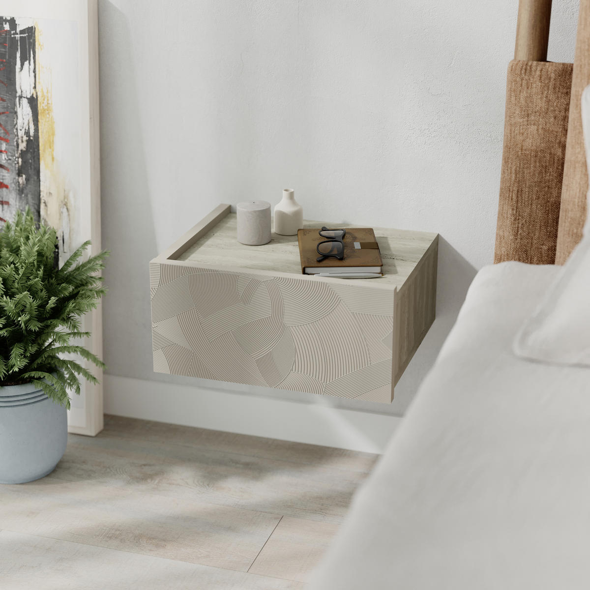 NACHTTISCH Onda Sandstein, Travertin 38,4/31/18,5 cm - Sandfarben, Holzwerkstoff (38.4/18.5/31cm) - Decortie