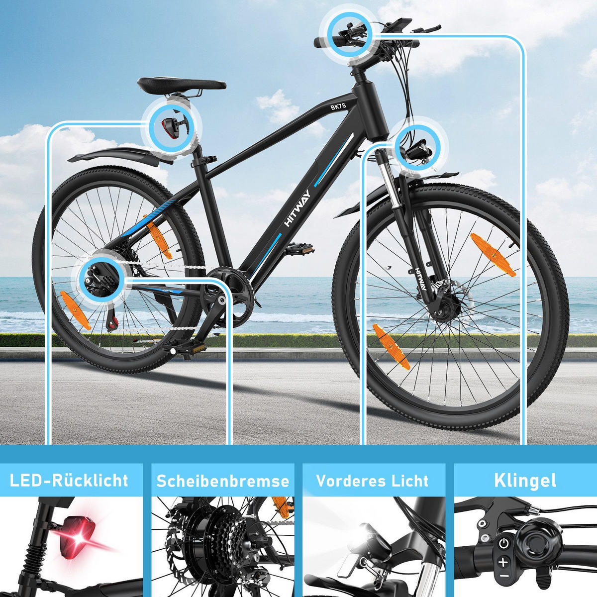 E-BIKE BK7S Reichweite bis 90 km - Schwarz, Metall (80cm) - HITWAY