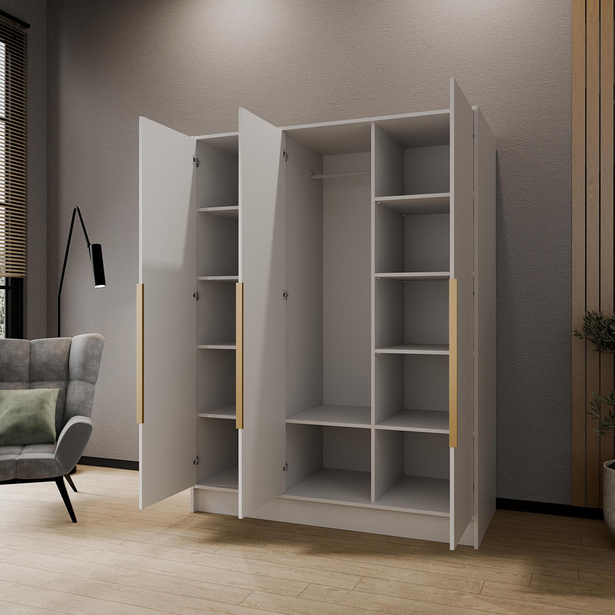 DREHTÜRENSCHRANK Porta ohne Spiegel, 150 cm, Weiß mit goldenen Griffen - Goldfarben/Weiß, Holzwerkstoff (150/200/51cm) - AN-Moebel 4u