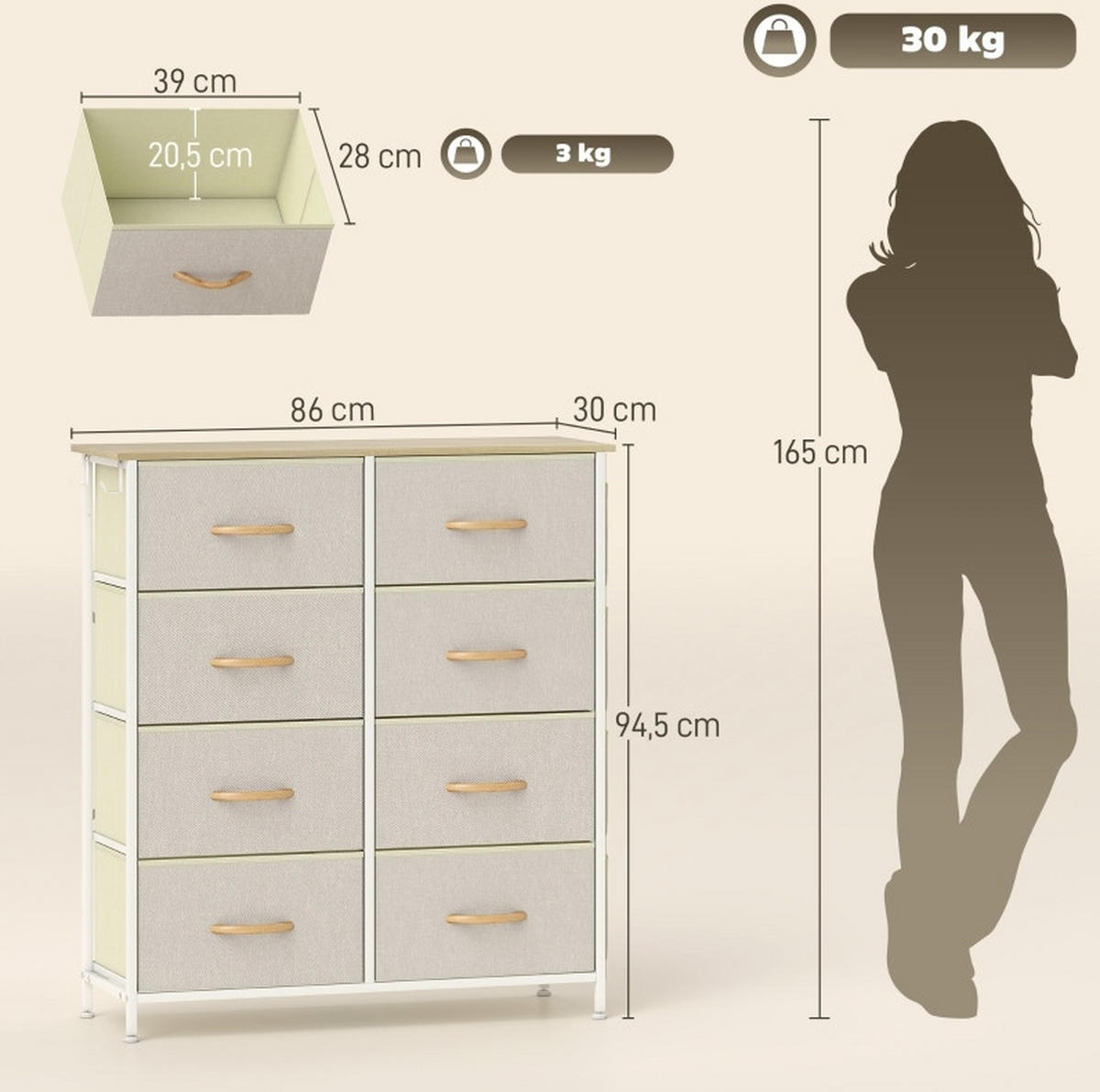 KOMMODE 86/30/94,5 cm in Beige mit 8 Stoffschubladen und seitlichem Stauraum - Beige, Metall (86/94.5/30cm) - Flora Grace