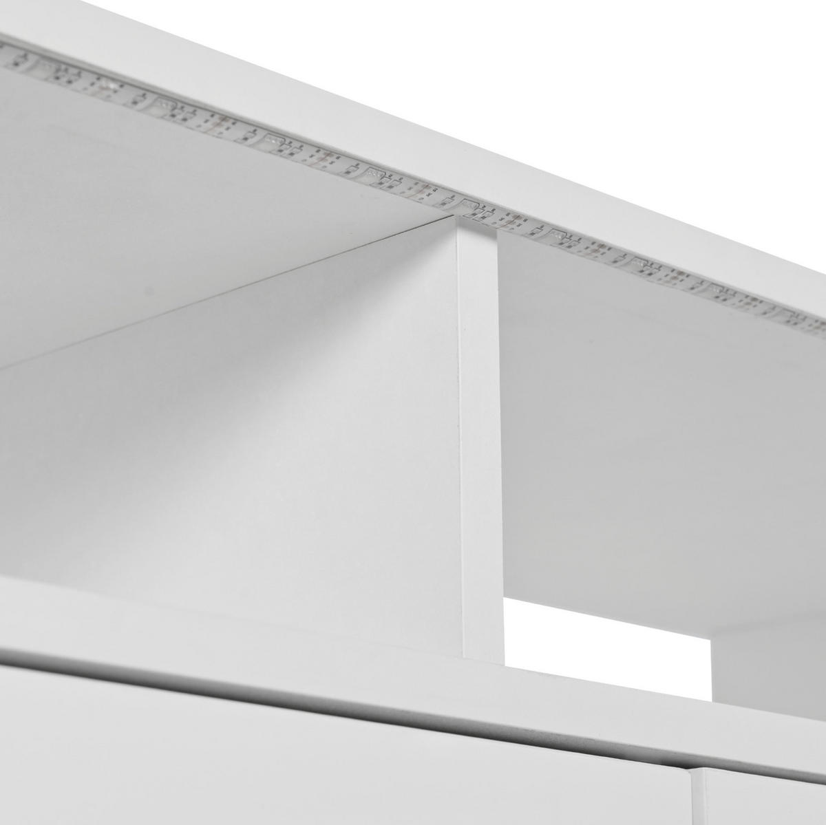 KOMODA z dřevotřísky 160x70x35 cm bílá s LED osvětlením, USB a 4 zásuvkami - bílá, kompozitní dřevo (160/70/35cm) - Modfu