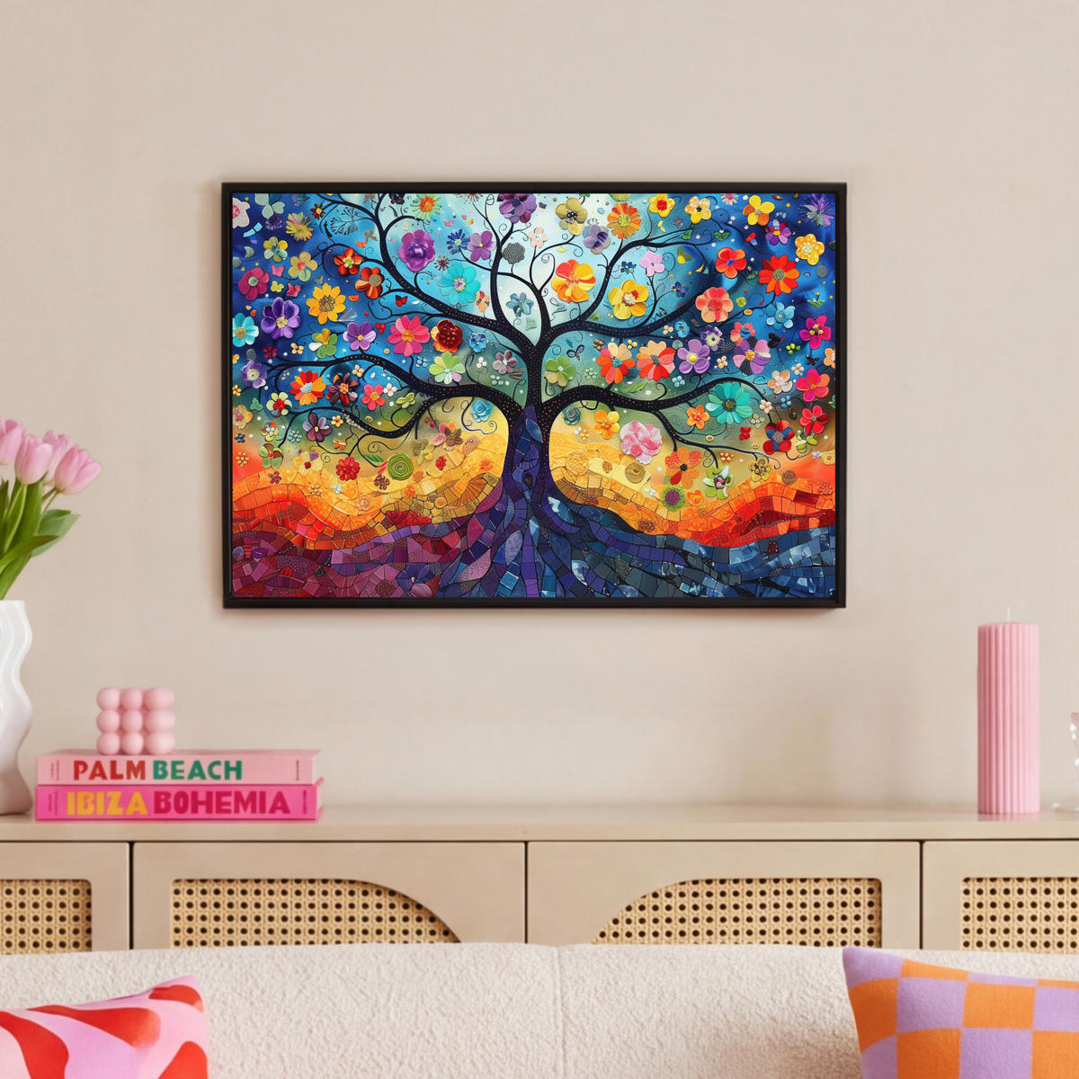 LEINWAND Bilder mit Rahmen - Kunst - Baum des Lebens - Blumen - Hippie - 60x40 - Dunkelblau, Textil (60/40cm) - MuchoWow