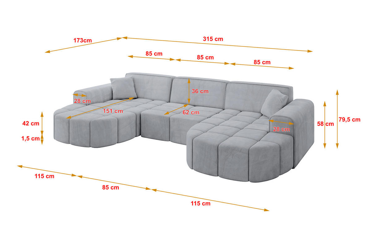 WOHNLANDSCHAFT LIVO-U1 - 315x173x79,5 cm Grau - Grau, Holzwerkstoff/Textil (315/79/173cm) - ALTDECOR