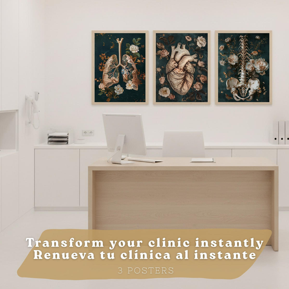 POSTER Set aus 3 Anatomie Mensch Drucke und Wandbilder mit Herz Atmungssystem und Skelett Botanischer Stil Wanddekoration Größe Rahmenlos A4 - Klar, Papier (21/29.7/3cm) - Nacnic