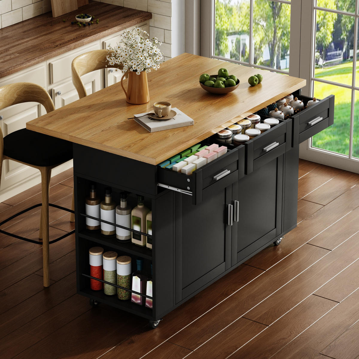 KÜCHENINSEL 84 cm MDF Natur Schwarz mit Klappbarer Arbeitsplatte und USB-Steckdose - Schwarz, Holzwerkstoff (70/84/120cm) - Korfee