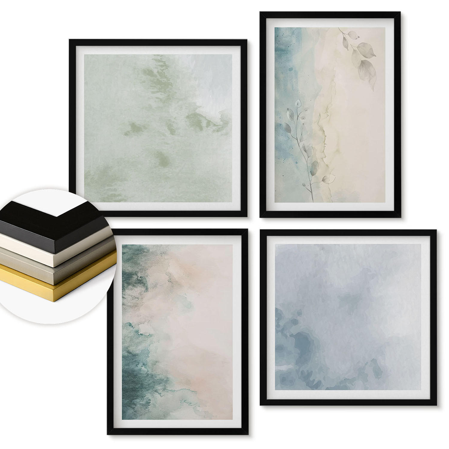 WANDBILDER 4er-Set - 50x50 cm & 40x60 cm Schwarzer Rahmen - Aquarell-Leinwandstil - Schwarz, Kunststoff (50/50cm) - ArtPrintCave