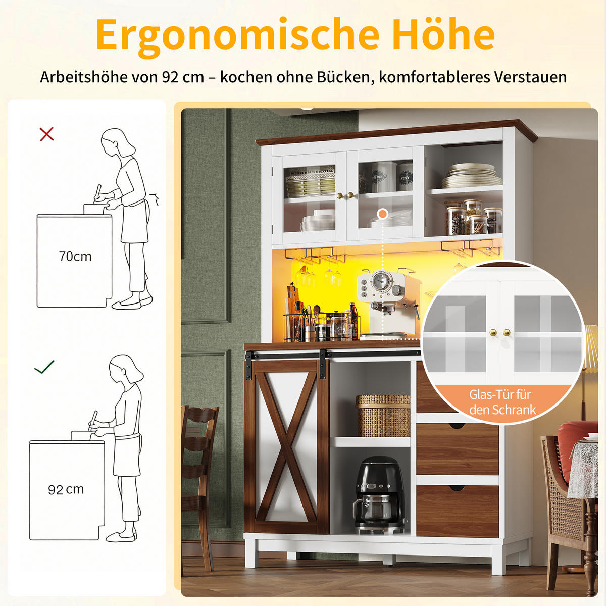 BUFFET 104/40/180 cm Weiß aus MDF, Glas und Metall mit LED - Weiß, Glas (104/180/40cm) - OKWISH
