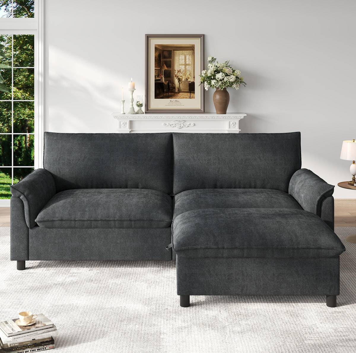 SOFA mit Hocker und Stauraum B 216 x T 77 x H 82 cm Chenille Black - Schwarz, Holzwerkstoff (77/216cm) - Meubliv