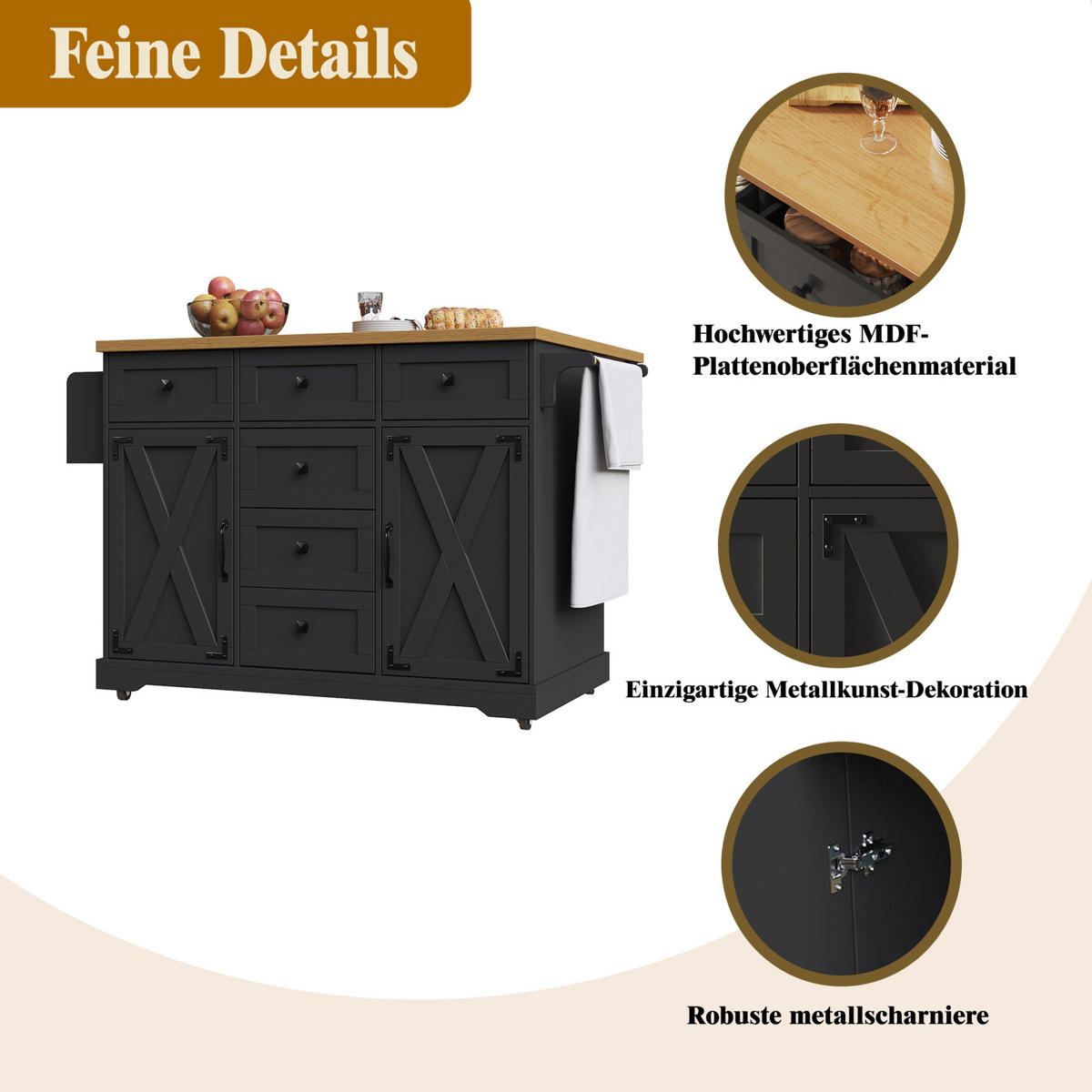 KÜCHENINSEL 147/44/93 cm in Schwarz, klappbar mit Stauraum und Tischfunktion - Schwarz, Holzwerkstoff (147/93/44cm) - Flora Grace