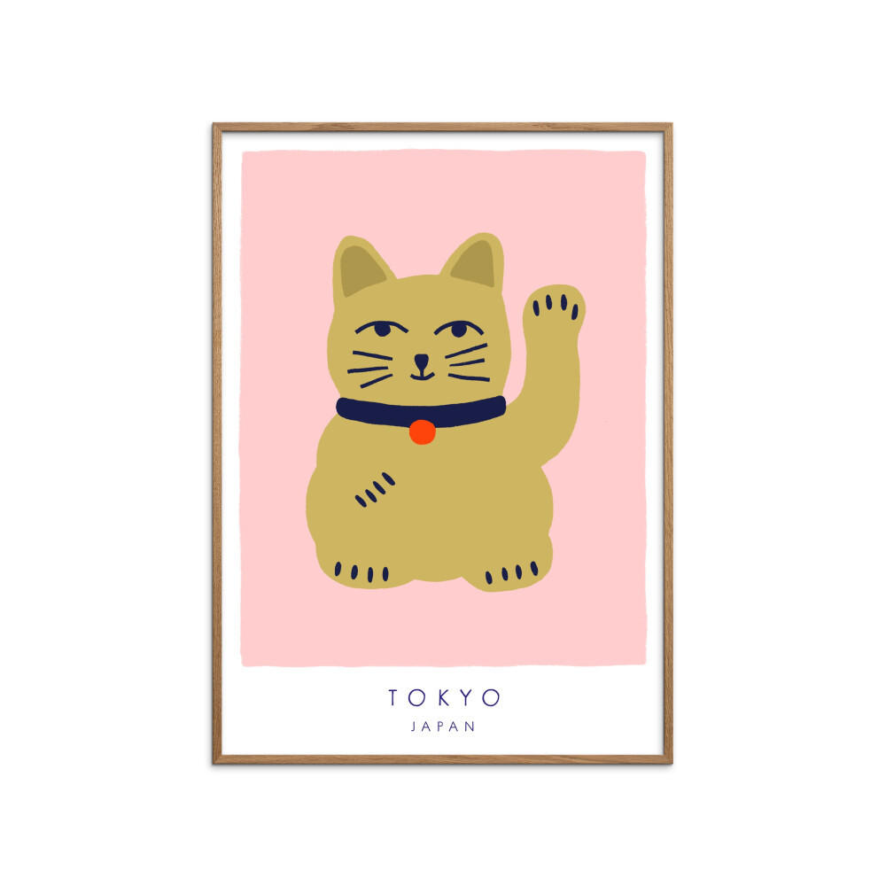 POSTER mit Rahmen Maren Gross - Maneki Neko, A Lucky Cat - Pink/Eichefarben, Holz/Papier (30/40cm) - Poster&Frame