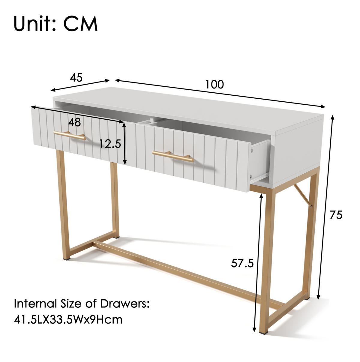 SCHMINKTISCH 100/45/75 cm mit 2 Schubladen, geriffelter Front und Metallsockel aus Spanplatte, Weiß - Weiß, Holzwerkstoff (100/45/75cm) - Redom