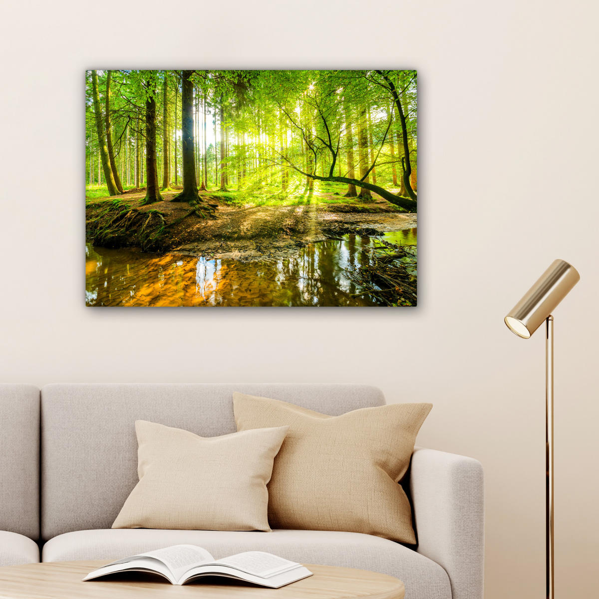 LEINWANDBILD Wald - Landschaft - Wasser - Bäume - Sonne - Grün - Natur Wandbilder 80x60 cm - Grün, Textil (80/60cm) - MuchoWow