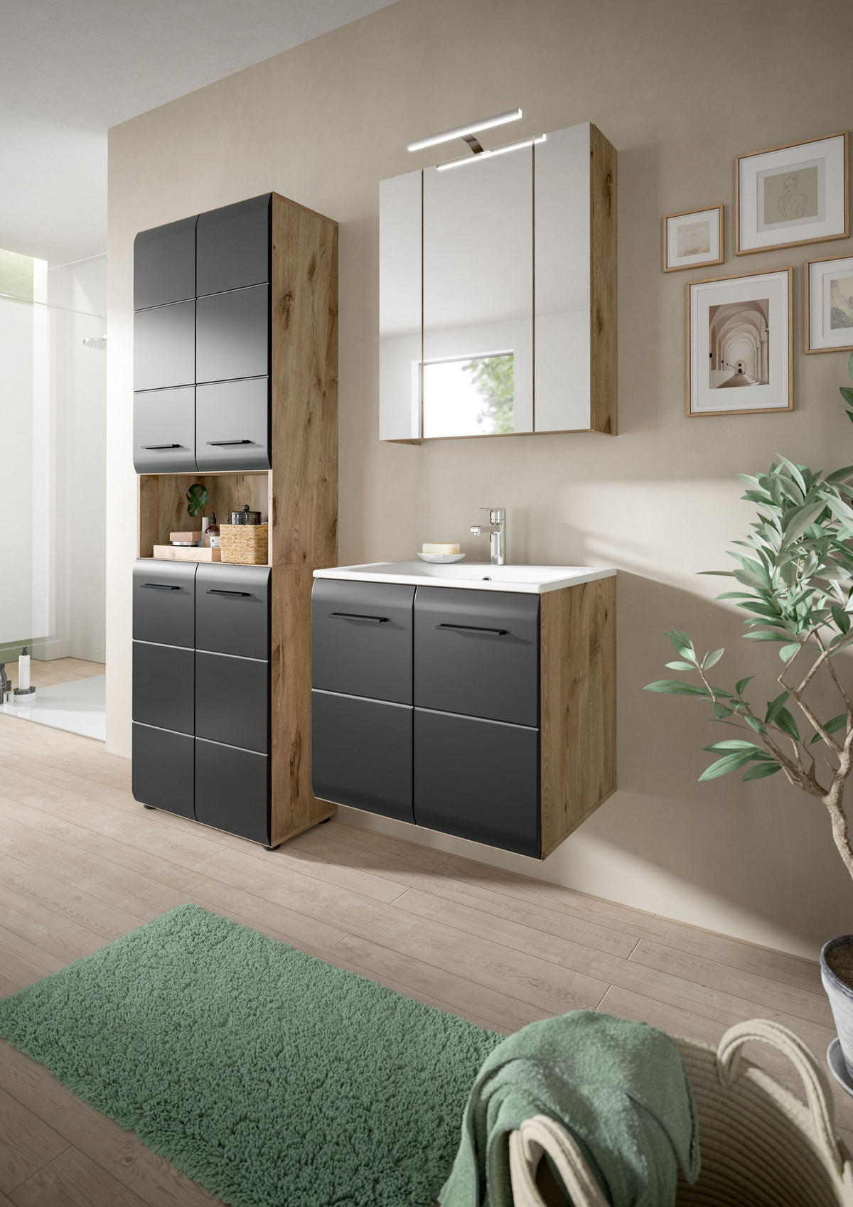 BADEZIMMER Alba 5-tlg. (B/H/T: ca. 135/185/46 cm) in Nox Oak /schwarz matt - Eichefarben, Holz (135/185/46cm)