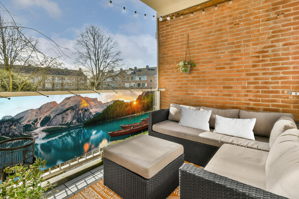 BALKON-SICHTSCHUTZ See - Berge - Sonnenuntergang - Boot - Petrol, Kunststoff (300/110cm) - MuchoWow