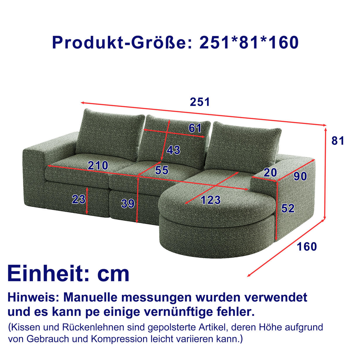 SCHLAFSOFA aus Chenille mit Liegestuhl und Kompressionsschaum - Grün, Textil (251/81/160cm)