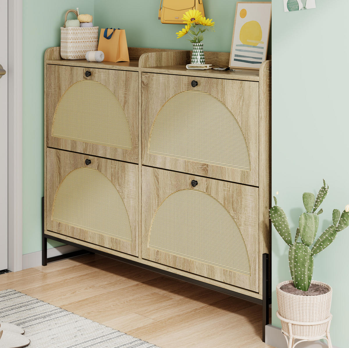 SCHUHSCHRANK 121(118)/91,5/25 cm Natur aus Spanplatte mit PE-Rattan - Naturfarben, Holzwerkstoff (118/91.5/25cm) - OKMYHOME