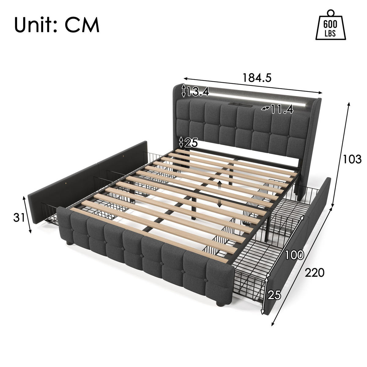 POLSTERBETT mit USB-Ladefunktion, Kopfteil und LED-Beleuchtung - Grau, Textil (180/200cm)