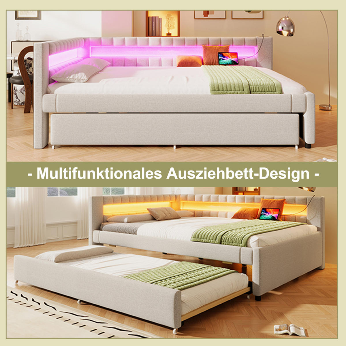 POLSTERBETT mit LED-Beleuchtung 140/200 cm mit Ausziehbett in Beige - Beige, Textil (140/200cm) - BEAOK