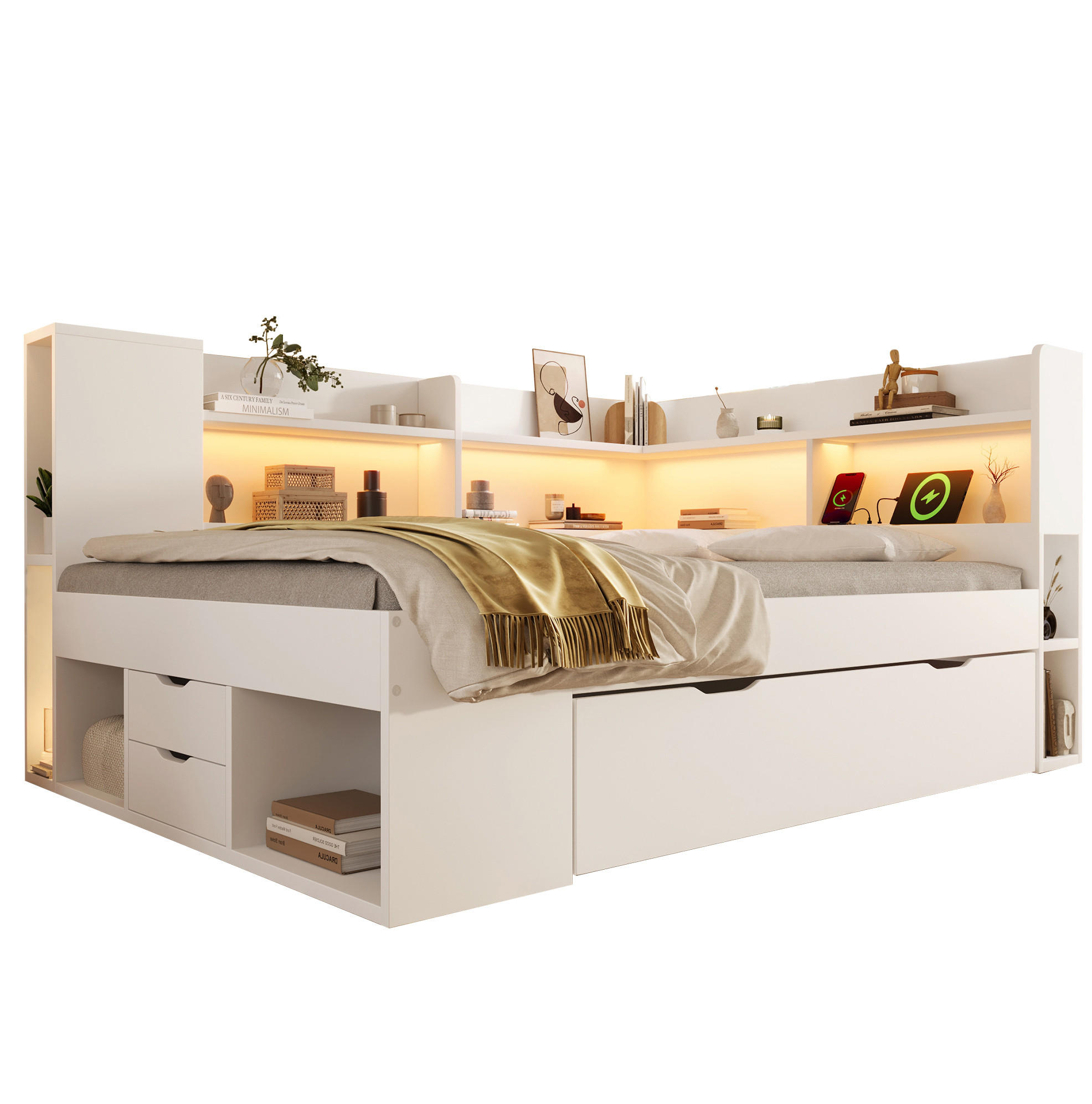 TAGESBETT 140/200 cm mit LED-Beleuchtung, USB- und Typ-C-Anschluss sowie Stauraum und Matratze, Weiß - Weiß, Holzwerkstoff (140/200cm) - Redom