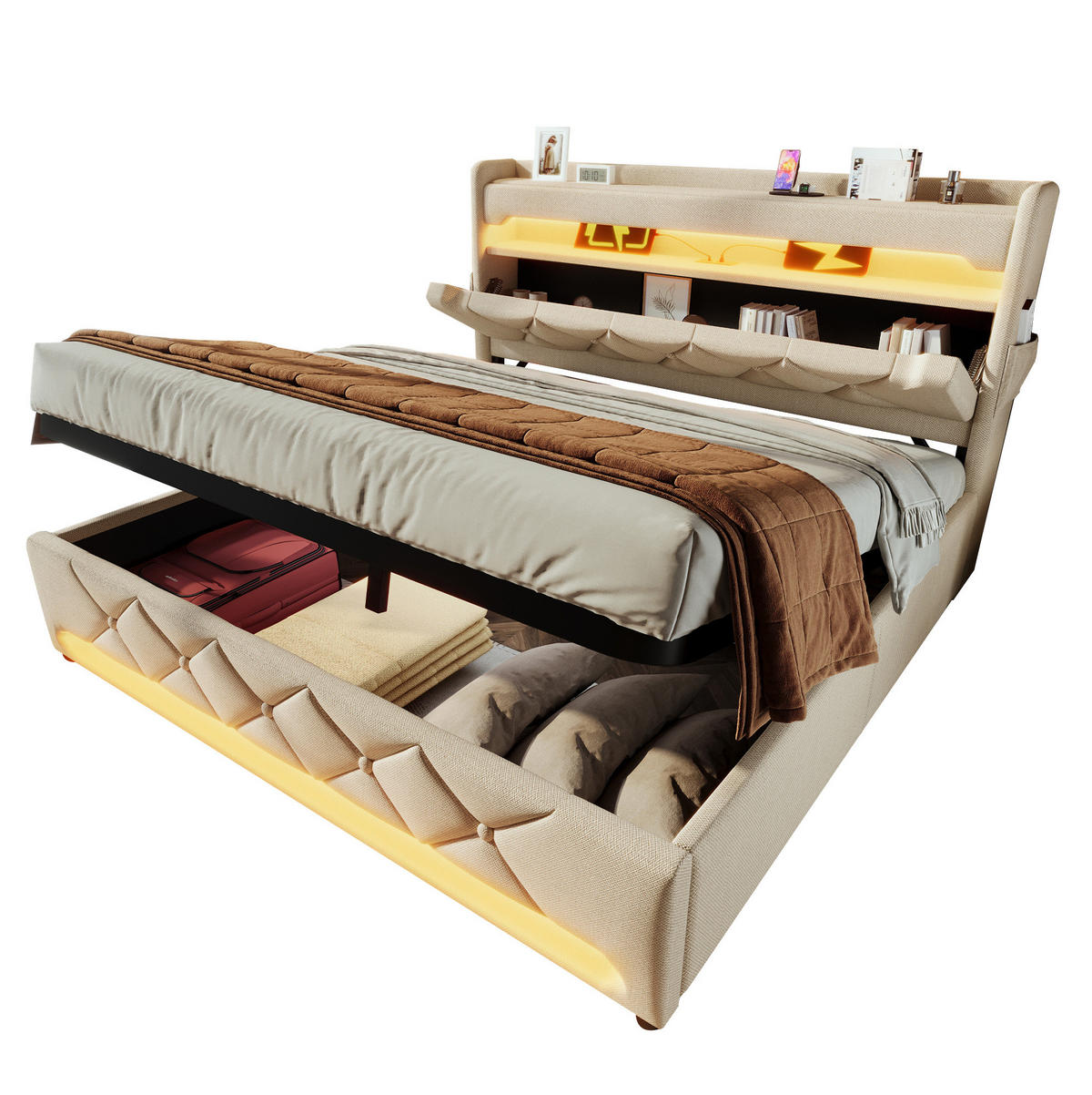 BETT mit Stauraum, LED und Ladefunktion 140x200 cm Leinen Beige inkl. Matratze - Beige, Metall (140/200cm) - Meubliv
