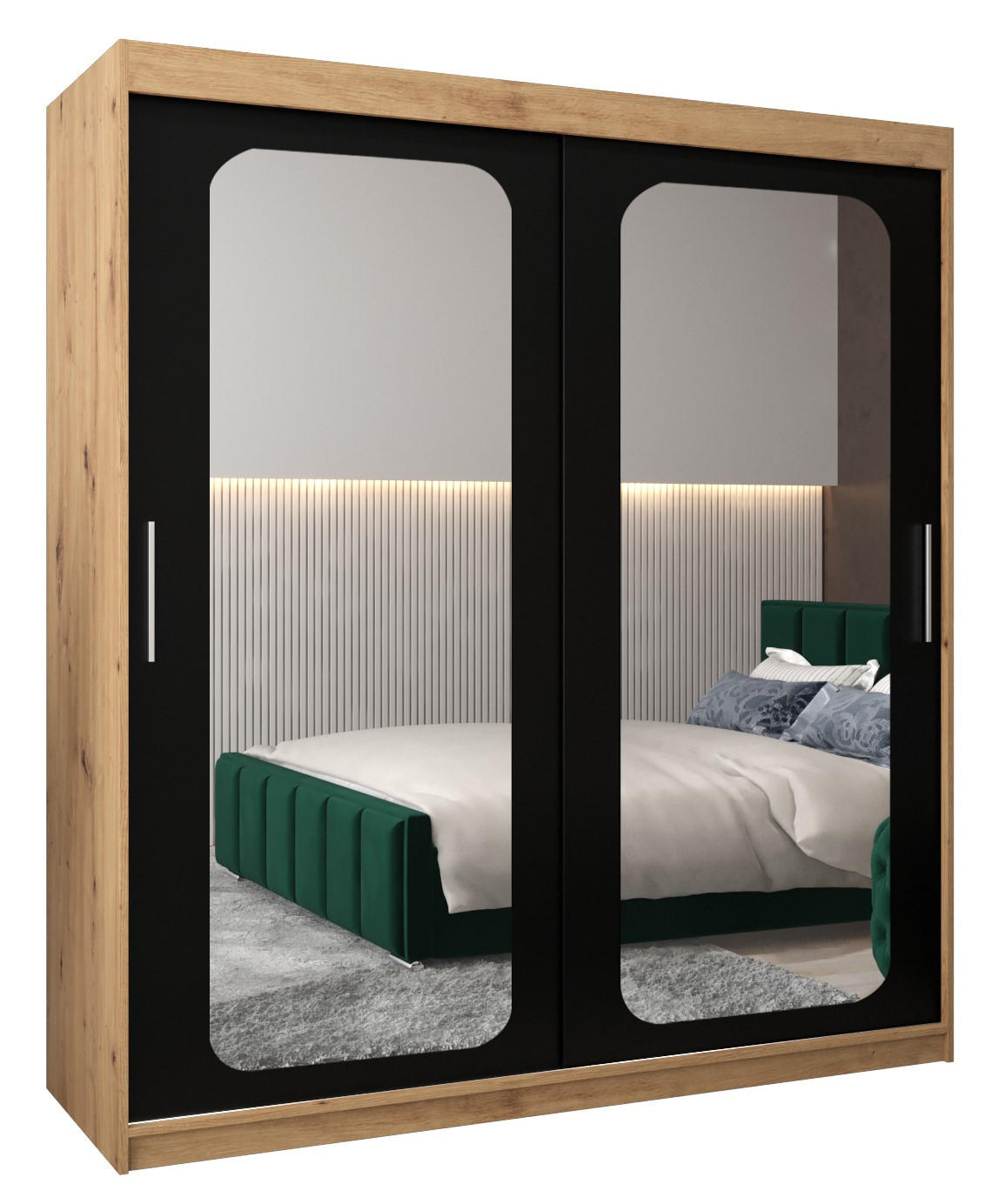 Abiks Möbel Schwebetürenschrank Eiche Artisan, Schwarz 180x200x62 cm