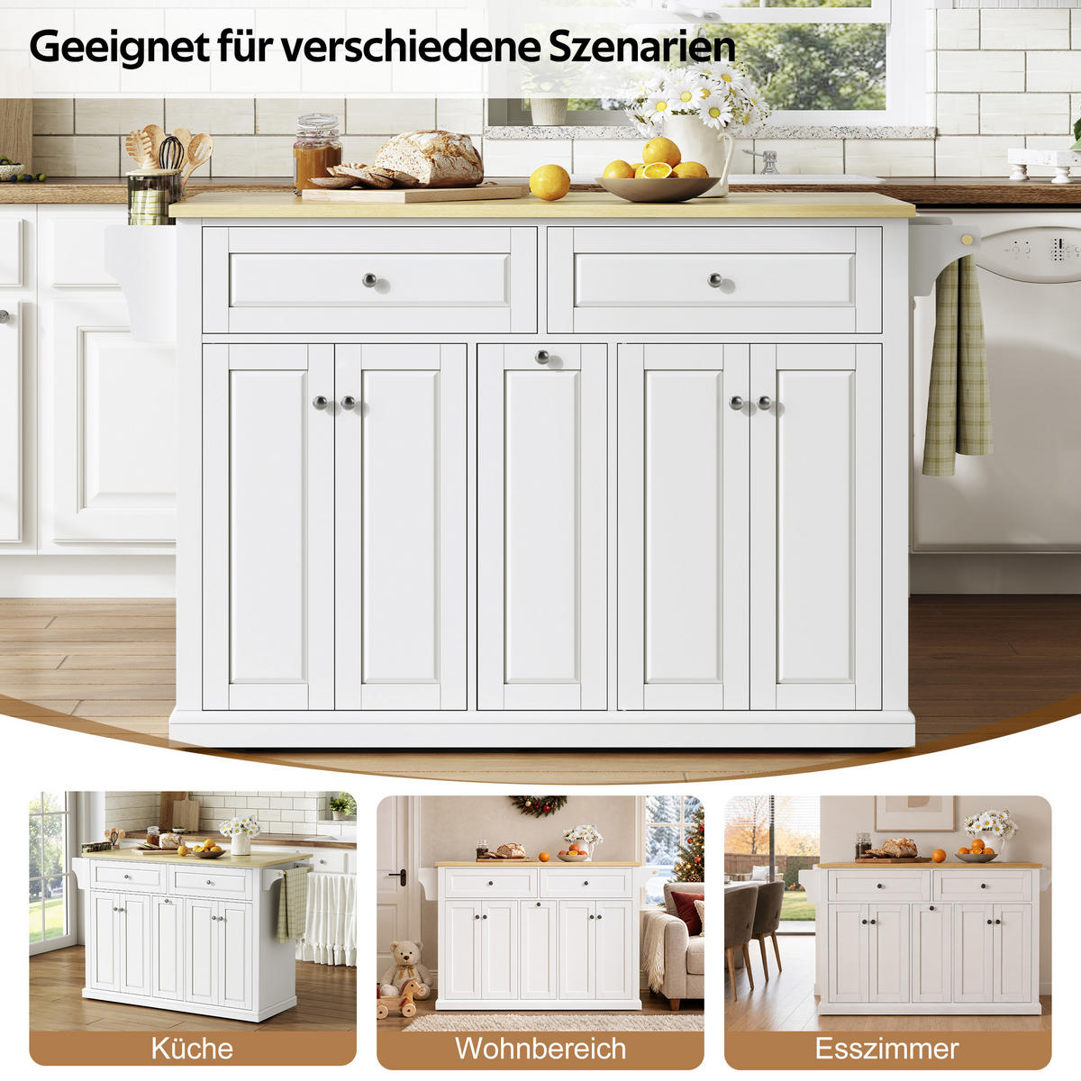 KÜCHENINSEL 121/49/89 cm Weiß mit klappbarer Arbeitsplatte, 3 Schubladen und feststellbaren Rollen - Weiß, Holz/Holzwerkstoff (69/89/121cm) - Oxeza