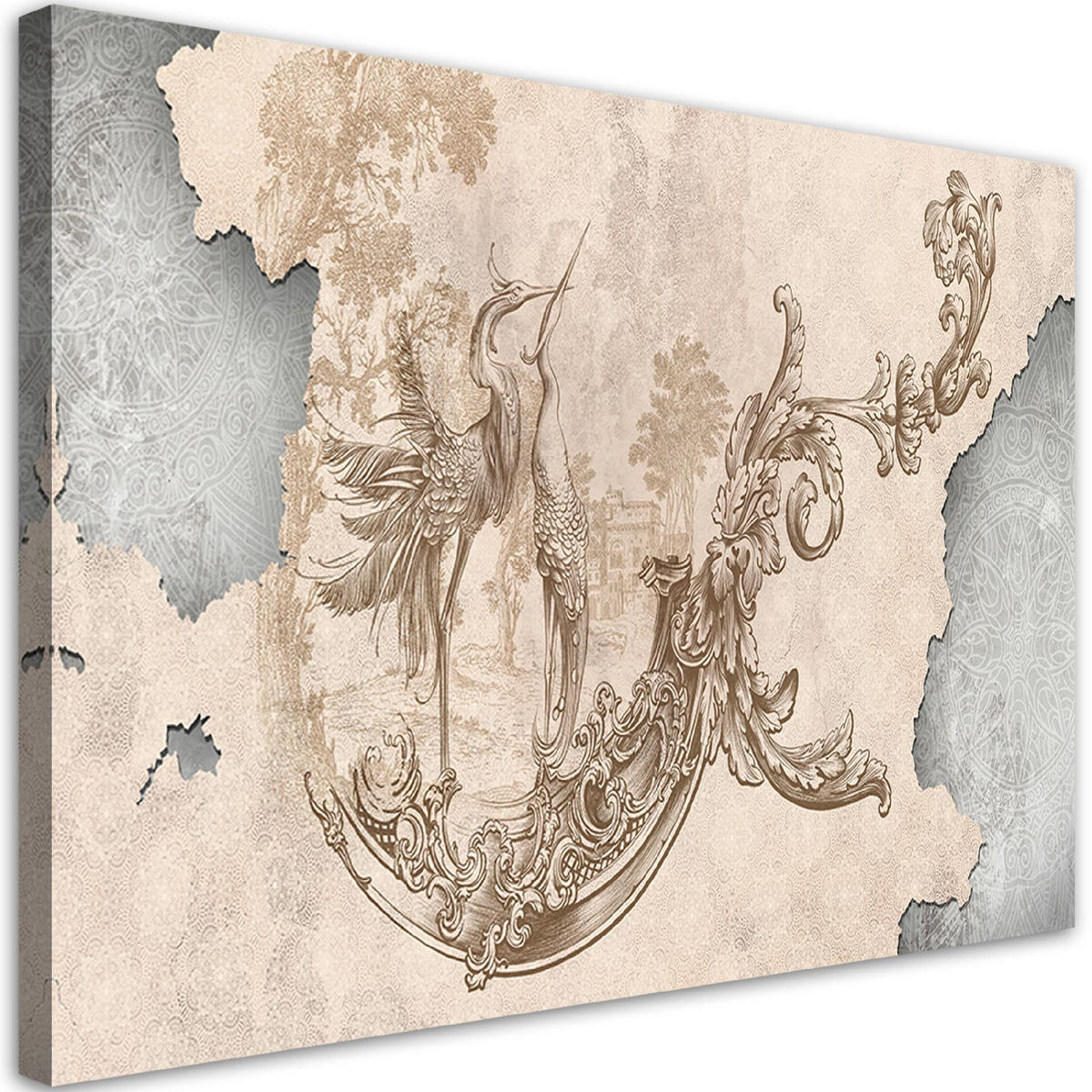 WANDBILD vögel und blätter fresko - Beige, Textil (60/40cm) - Feeby